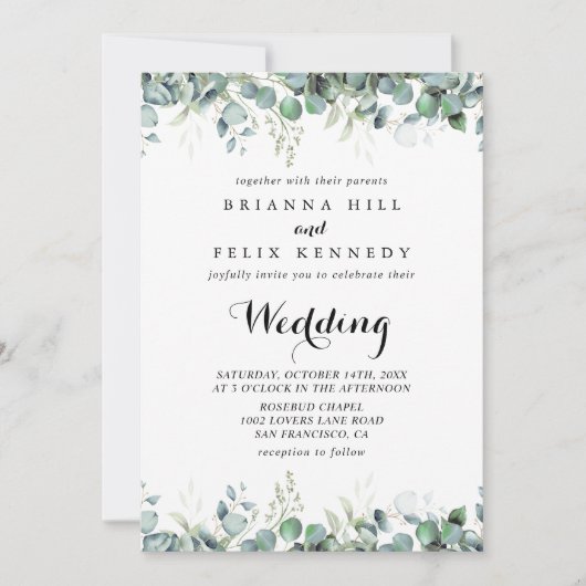 Rustic Botanical Eucalyptus Greenery Wedding 招待状 (正面)