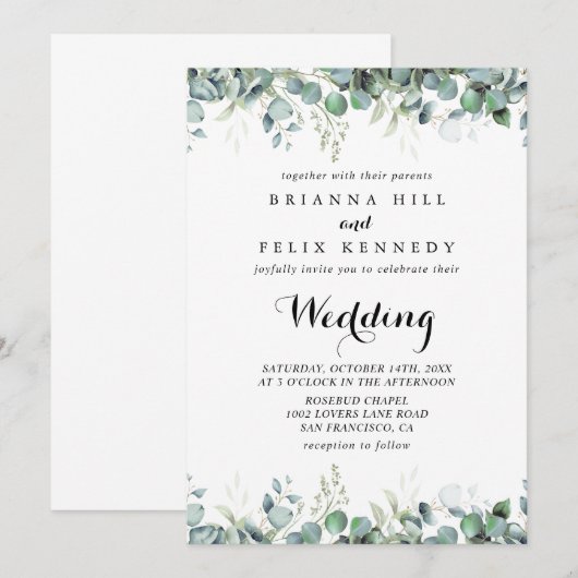 Rustic Botanical Eucalyptus Greenery Wedding 招待状 (正面/裏面)