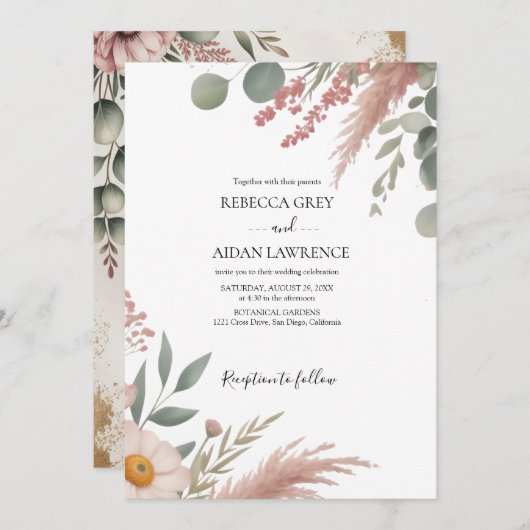 Rustic Botanical Eucalyptus Greenery Wedding  招待状 (正面/裏面)
