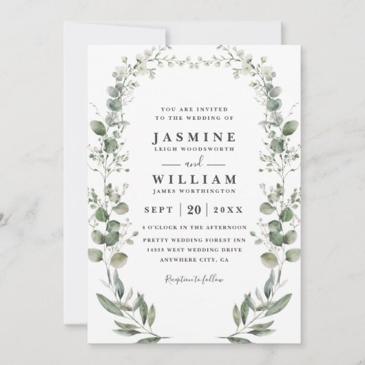 Rustic Botanical Eucalyptus Modern QR Code Wedding 招待状 (正面)