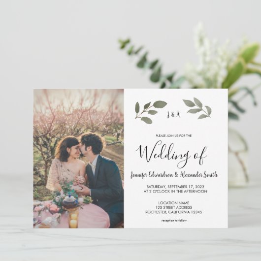 Rustic botanical monogrammed photo Wedding 招待状 (スタンド正面)