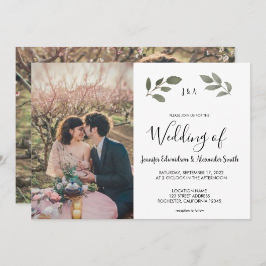 Rustic botanical monogrammed photo Wedding 招待状 (正面/裏面)