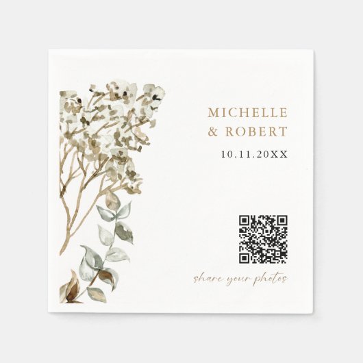 Rustic Botanical QR Code Share your Photos Wedding スタンダードカクテルナプキン (正面)