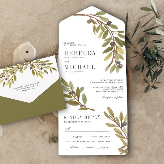 Rustic Botanical Watercolor Olive Branch Wedding オールインワン招待状