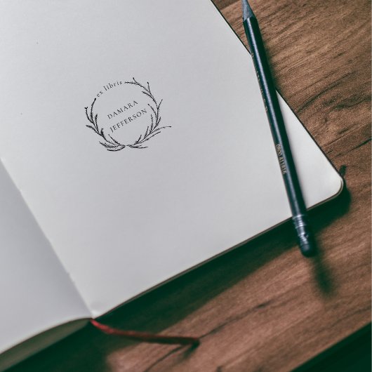 Rustic Botanical Wreath Custom Name Ex Libris Book ラバースタンプ