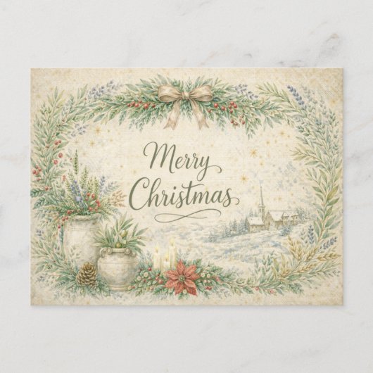 Rustic Botanical Wreath Merry Christmas  シーズンポストカード (正面)