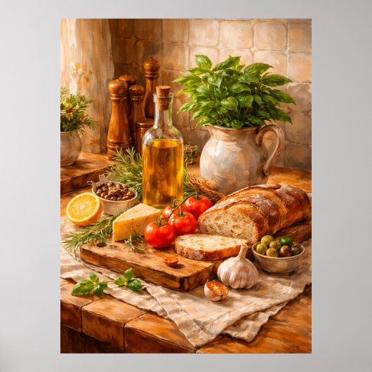 Rustic Bread and Olive Oil a Mediterranean Kitchen ポスター (正面)