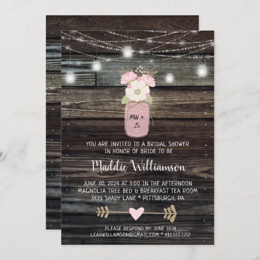 Rustic Bridal Shower Mason Jar Lights Boho Floral  招待状 (正面/裏面)