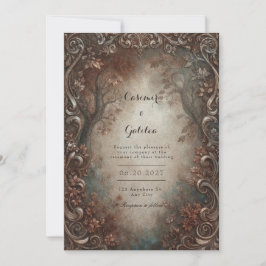Rustic Bronze Filigree Autumn Forest Wedding 招待状