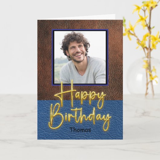 Rustic Brown and Blue leather Gold Script Birthday カード (黄色い花)