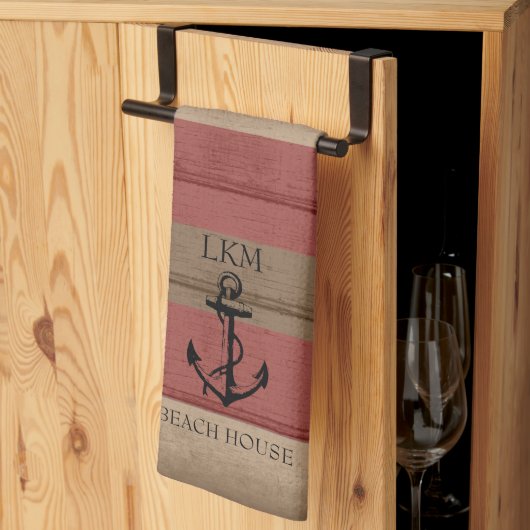Rustic Brown and Red Wood Nautical - Monogram キッチンタオル (三つ折り)