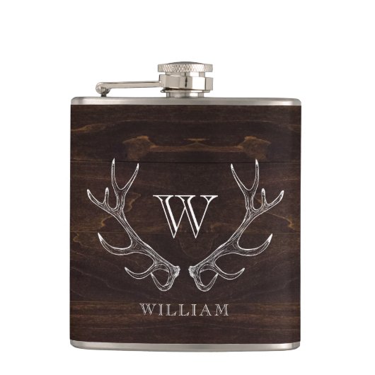 Rustic Brown Antler Monogrammed Groomsman Gift フラスク (正面)