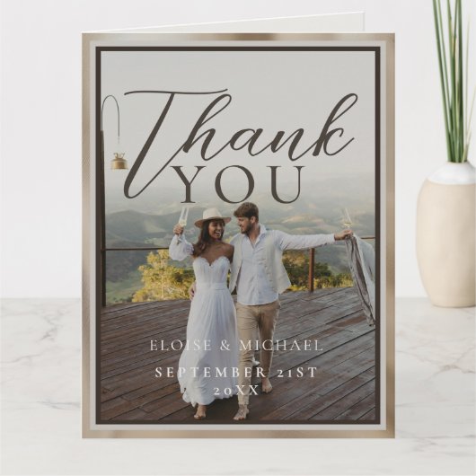 Rustic Brown Botanical Pattern Photo Wedding サンキューカード (正面)