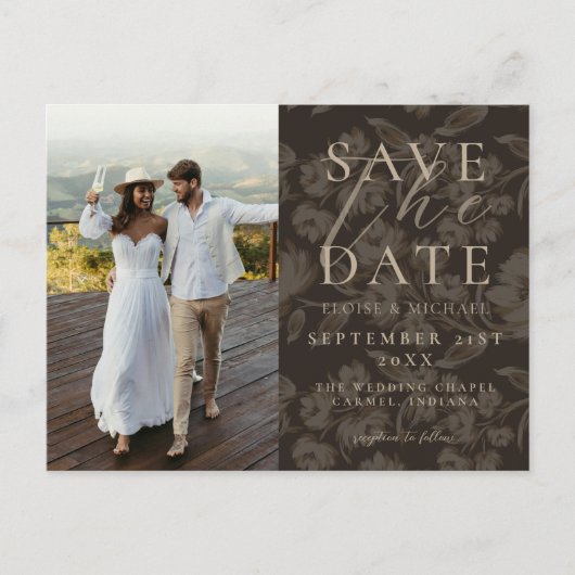 Rustic Brown Botanical Pattern Photo Wedding 案内ポストカード (正面)