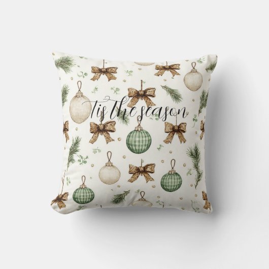 Rustic Brown Bows Cream Green Christmas   クッション (正面)