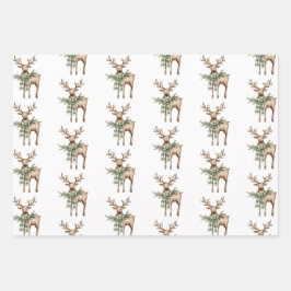 Rustic Brown Bows Cream Green Christmas Trees Deer ラッピングペーパーシート