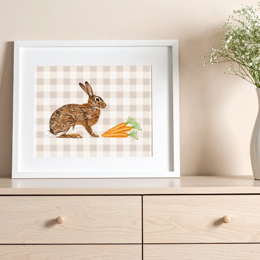 Rustic Brown Bunny And Carrots On Beige Gingham ポスター