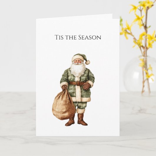 Rustic Brown Cream Green Christmas Santa カード (黄色い花)