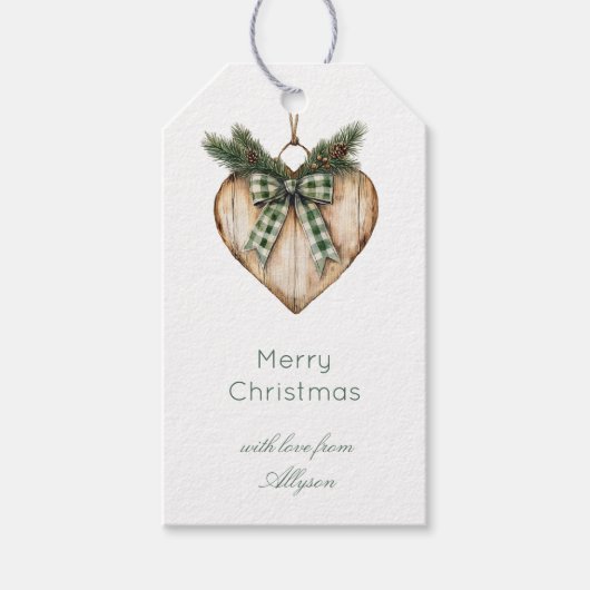 Rustic Brown Cream Green Heart Bow Christmas   ギフトタグ (正面)