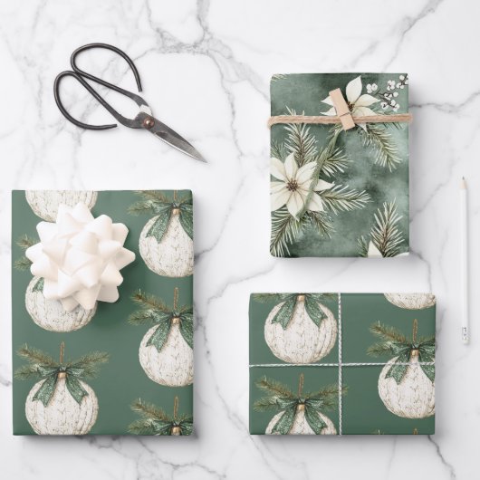 Rustic Brown Cream Green Ornament Christmas   ラッピングペーパーシート (正面)