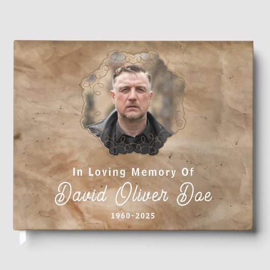 Rustic Brown Custom Text Photo Memorial Funeral ゲストブック (正面)
