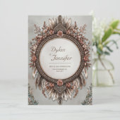 Rustic Brown Feather Dusty Rose Floral Wedding 招待状 (スタンド正面)