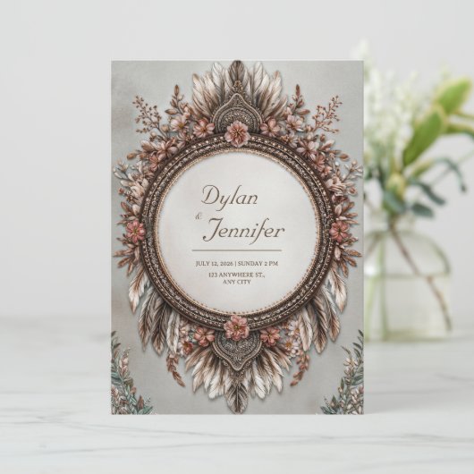 Rustic Brown Feather Dusty Rose Floral Wedding 招待状 (スタンド正面)