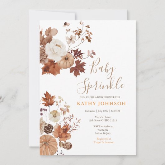 Rustic Brown Floral Fall Baby Sprinkle Invitation 招待状 (正面)