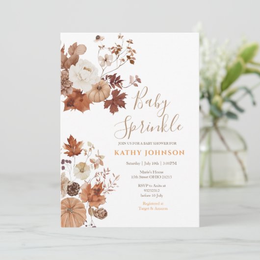 Rustic Brown Floral Fall Baby Sprinkle Invitation 招待状 (スタンド正面)