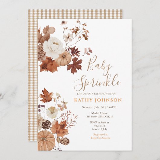 Rustic Brown Floral Fall Baby Sprinkle Invitation 招待状 (正面/裏面)