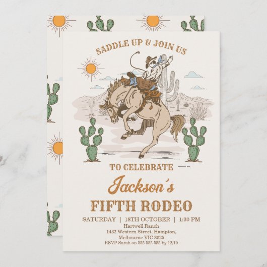 Rustic Brown Green Bronco Cowboy Rodeo Birthday 招待状 (正面/裏面)