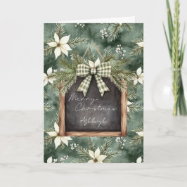 Rustic Brown Green Christmas Chalkboard Floral Bow カード