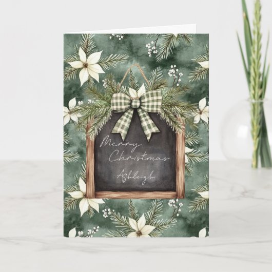 Rustic Brown Green Christmas Chalkboard Floral Bow カード (正面)