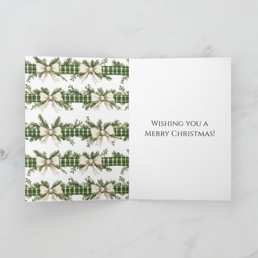 Rustic Brown Green Christmas Chalkboard Floral Bow カード (内部)