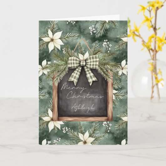 Rustic Brown Green Christmas Chalkboard Floral Bow カード (黄色い花)