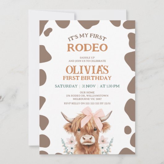Rustic Brown Highland Cow First Rodeo 1st Birthday 招待状 (正面)