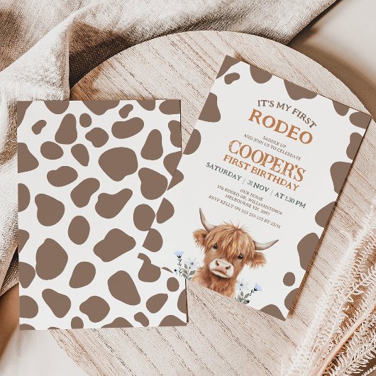 Rustic Brown Highland Cow First Rodeo Birthday 招待状