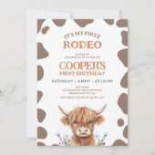 Rustic Brown Highland Cow First Rodeo Birthday 招待状 (正面)