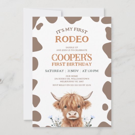 Rustic Brown Highland Cow First Rodeo Birthday 招待状 (正面)