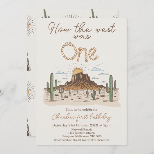 Rustic Brown How The West Was One 1st Birthday 招待状 (正面/裏面)
