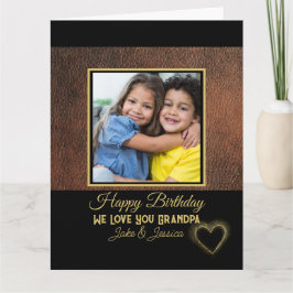 Rustic Brown Leather Happy Birthday Grandpa Photo カード