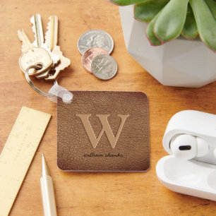 Rustic brown leather monogram stylish script name キーホルダー
