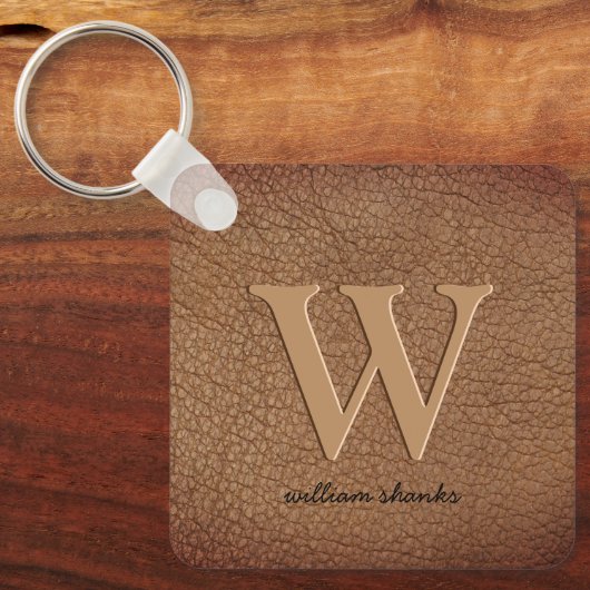 Rustic brown leather monogram stylish script name  キーホルダー (正面)