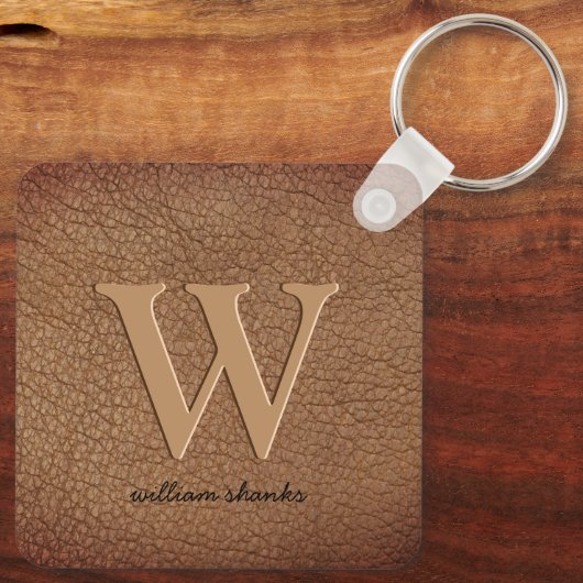 Rustic brown leather monogram stylish script name  キーホルダー (裏面)