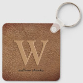 Rustic brown leather monogram stylish script name  キーホルダー (裏面)