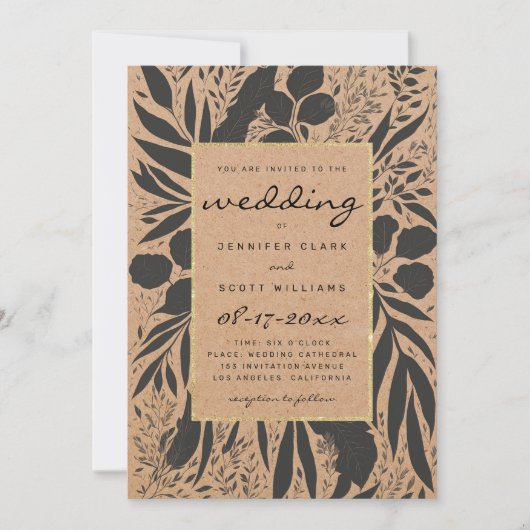 Rustic brown paper black gold floral wedding 招待状 (正面)