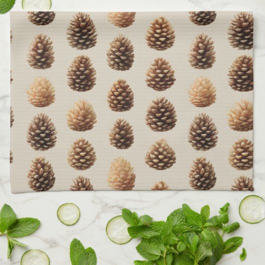 Rustic Brown Pine Cone Winter Pattern キッチンタオル (折り畳み)