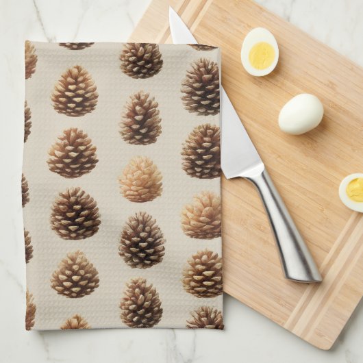Rustic Brown Pine Cone Winter Pattern キッチンタオル (四つ折り)