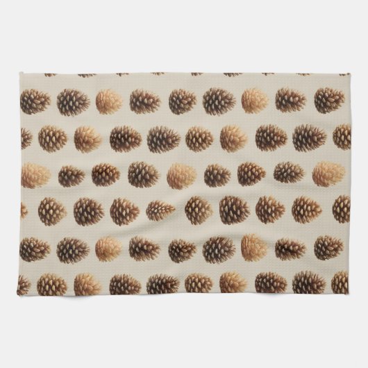 Rustic Brown Pine Cone Winter Pattern キッチンタオル (横)