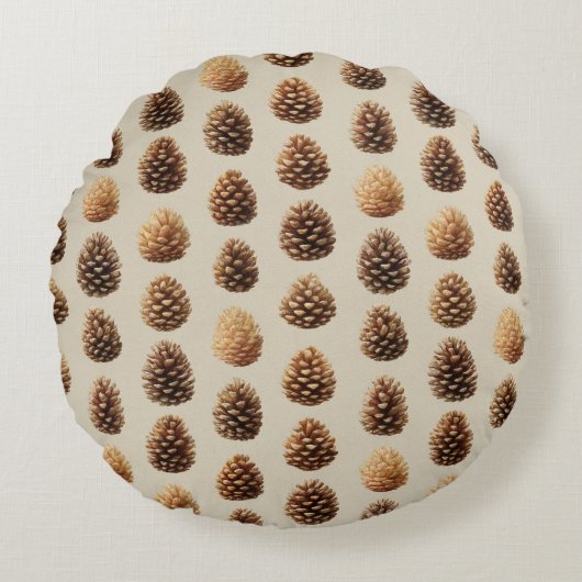 Rustic Brown Pine Cone Winter Pattern ラウンドクッション (正面)